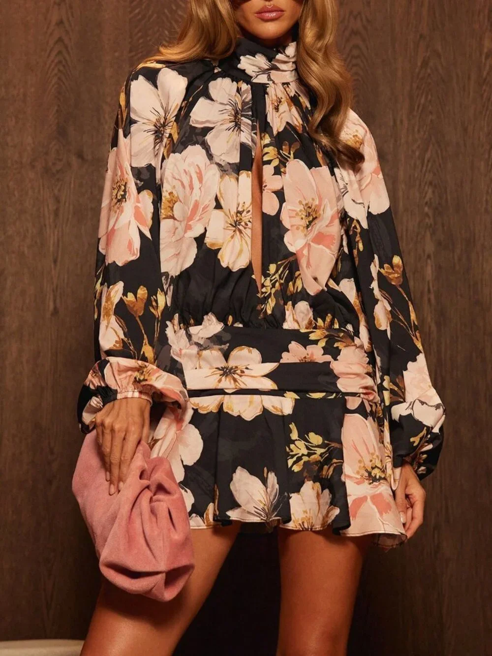 Multicolor Boho Women's Floral Mini Dress With High Neck Puff Sleeves